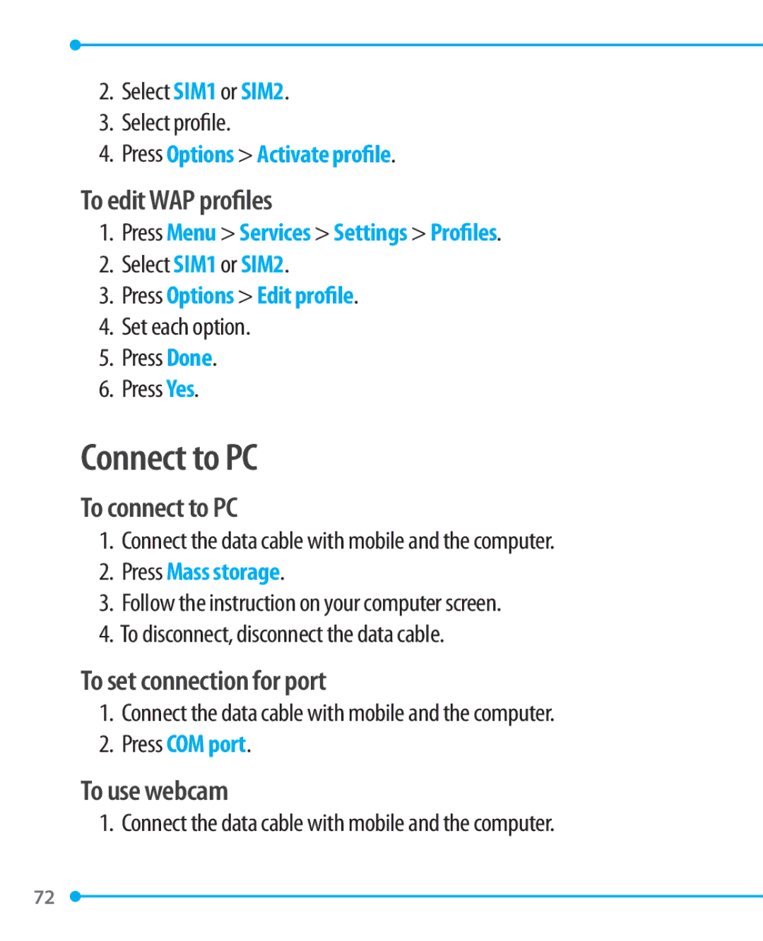 Pantech P1000 manual Connect to PC, To edit WAP profiles, To connect to PC, To set connection for port, To use webcam 