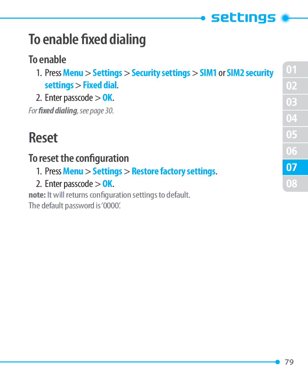 Pantech P1000 manual To enable fixed dialing, Reset, To reset the configuration 