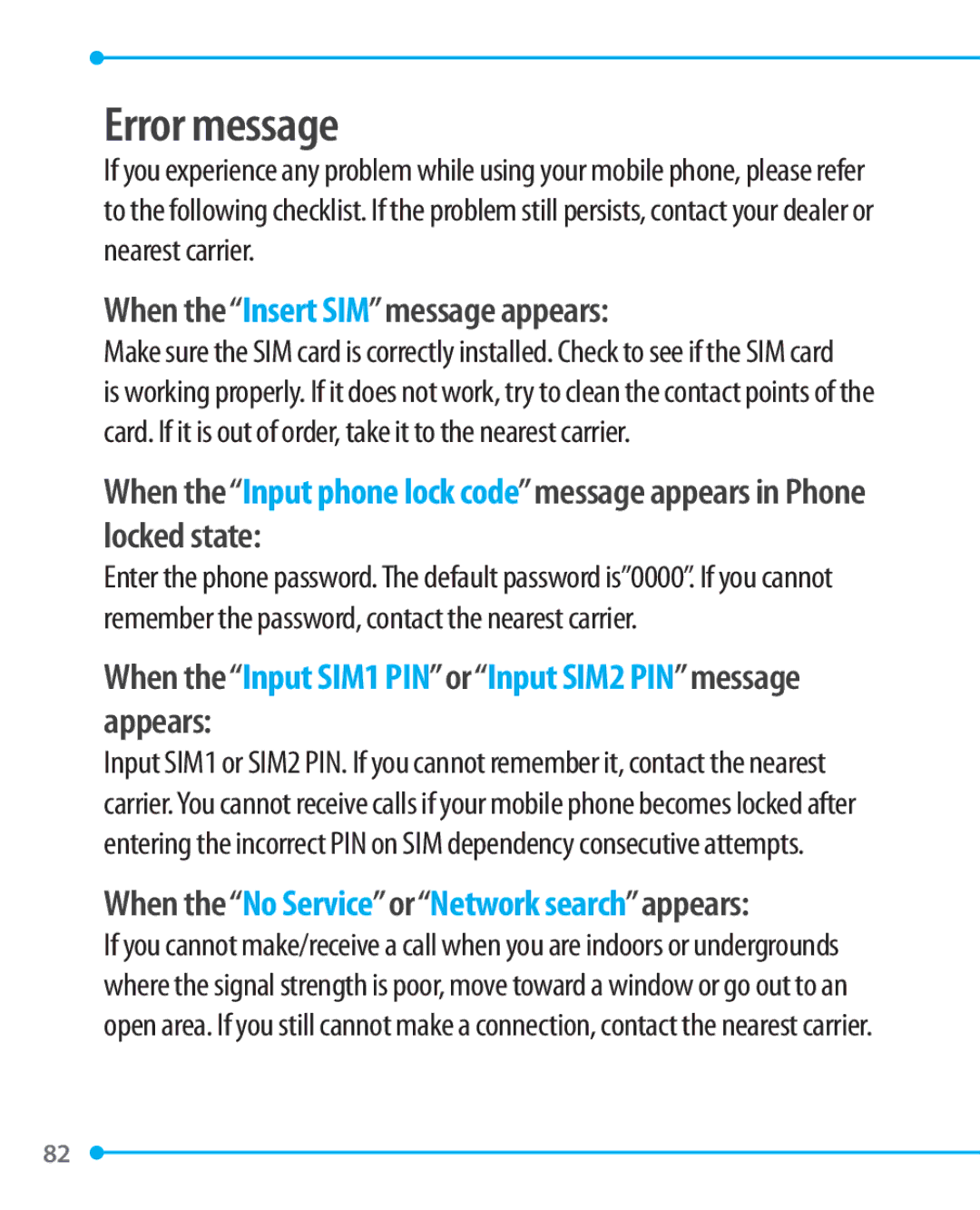 Pantech P1000 manual Error message, When theInsert SIMmessage appears 