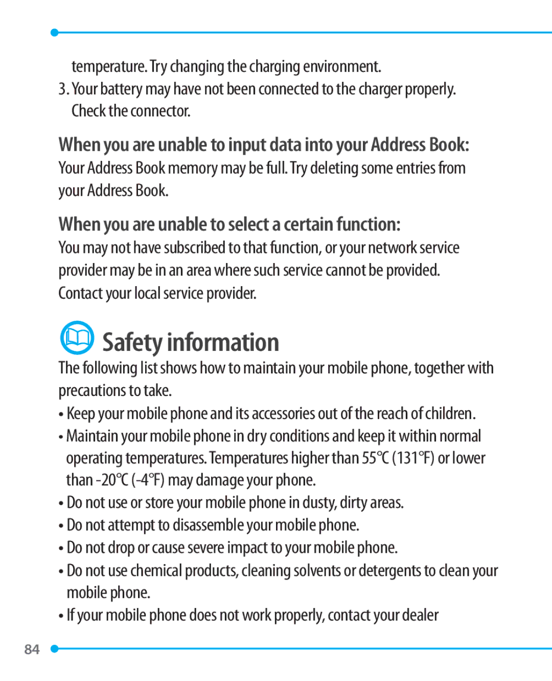 Pantech P1000 manual Safety information, When you are unable to select a certain function 