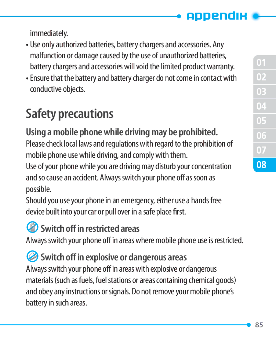 Pantech P1000 manual Safety precautions, Switch off in restricted areas, Switch off in explosive or dangerous areas 