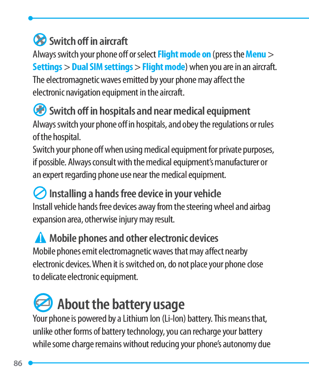 Pantech P1000 manual About the battery usage, Switch off in aircraft, Installing a hands free device in your vehicle 