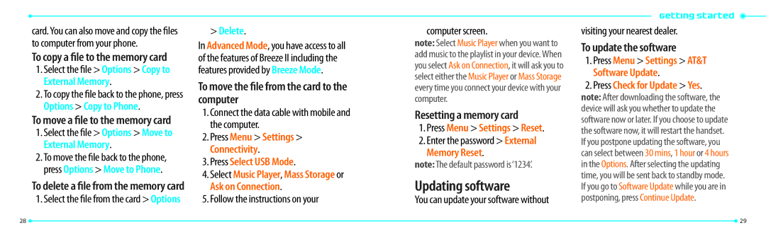 Pantech P2000 manual Updating software, To move the file from the card to the computer, Resetting a memory card 