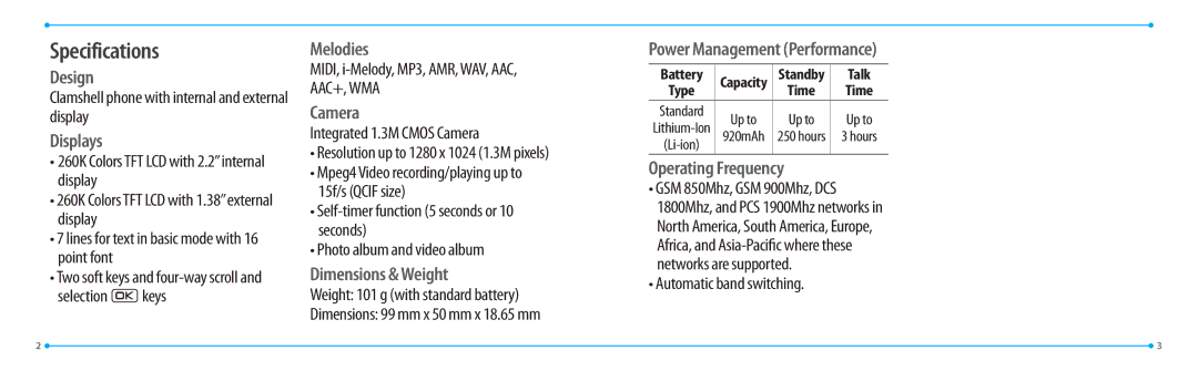 Pantech P2000 manual Specifications, Clamshell phone with internal and external display, Automatic band switching 