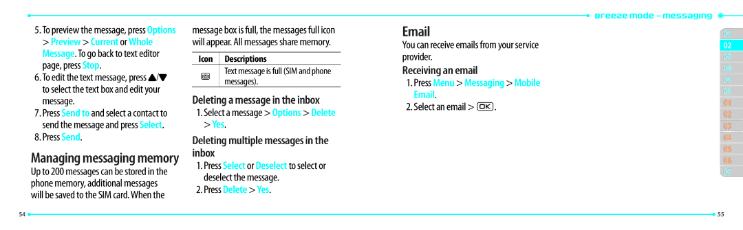 Pantech P2000 manual Managing messaging memory, Deleting a message in the inbox, Deleting multiple messages in the inbox 