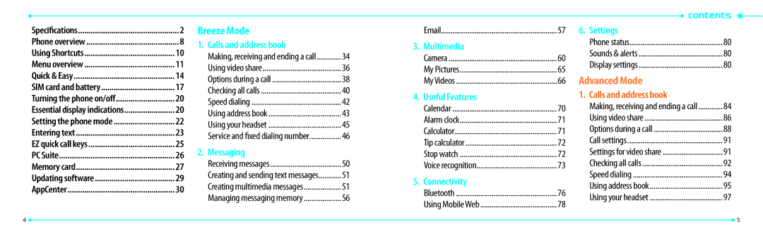 Pantech P2000 manual Breeze Mode, Calls and address book 