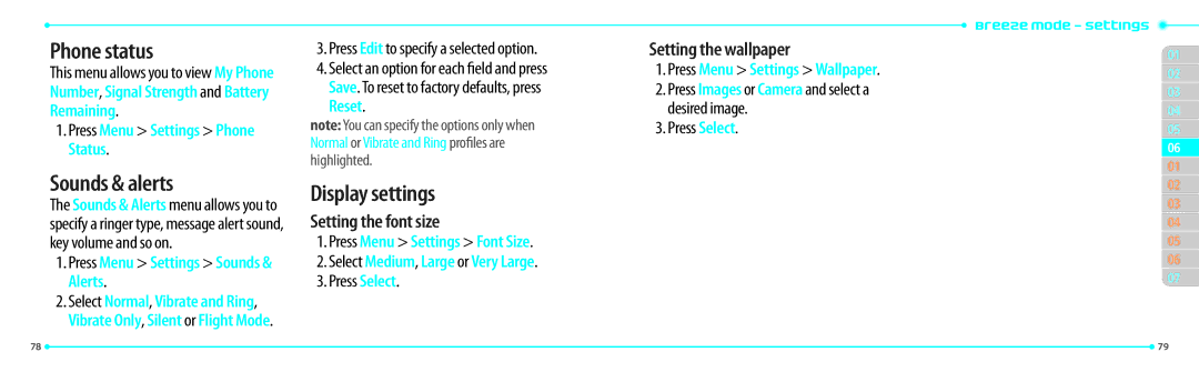 Pantech P2000 manual Phone status, Sounds & alerts, Display settings, Setting the font size, Setting the wallpaper 