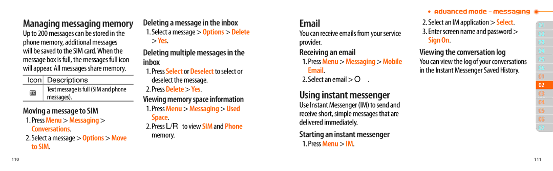 Pantech P2000 manual Moving a message to SIM, Viewing memory space information, Starting an instant messenger 