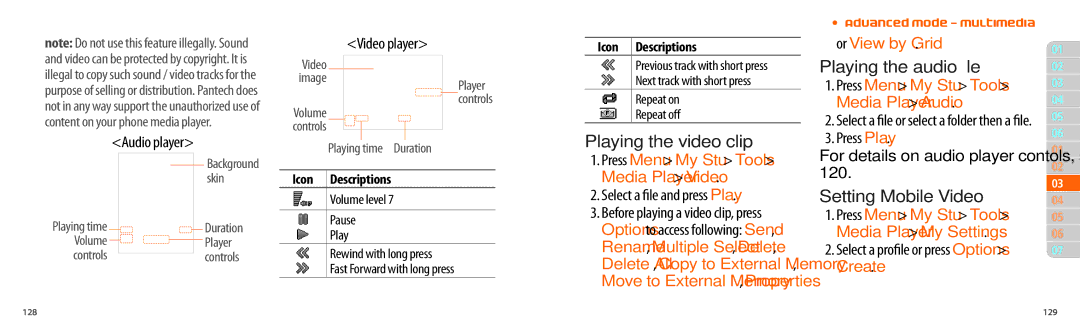 Pantech P2000 manual Playing the audio file, Playing the video clip, Setting Mobile Video 