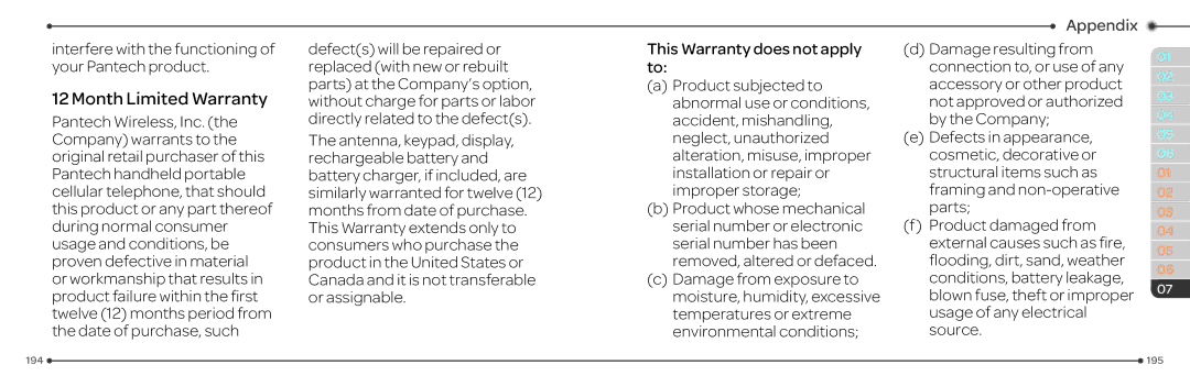 Pantech P2030 manual Month Limited Warranty 