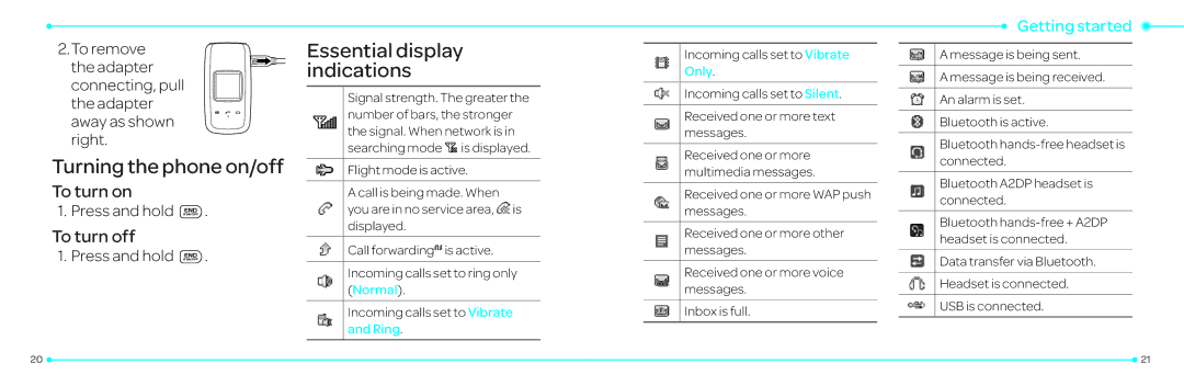 Pantech P2030 manual Turning the phone on/off, Essential display indications, To turn on, To turn off 