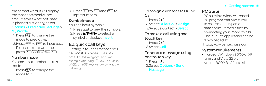 Pantech P2030 manual EZ quick call keys, PC Suite 