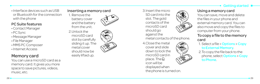 Pantech P2030 manual Memory card, PC Suite features, Inserting a memory card, Using a memory card 