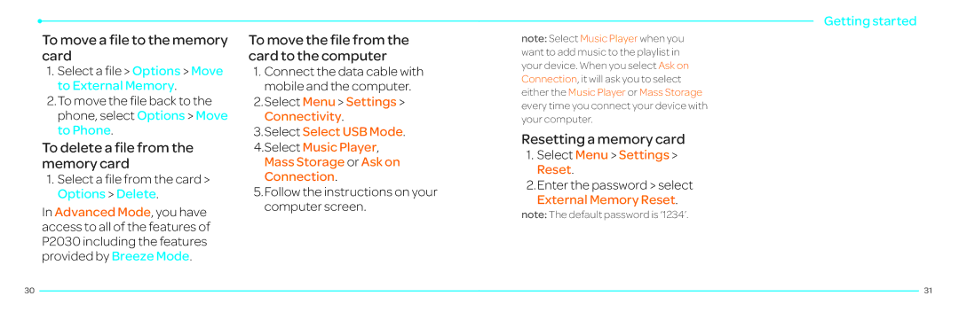 Pantech P2030 manual To move a file to the memory card, To delete a file from the memory card, Resetting a memory card 