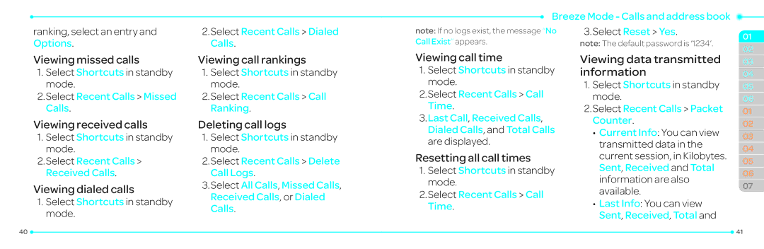 Pantech P2030 Viewing missed calls, Viewing received calls, Viewing dialed calls, Viewing call rankings, Viewing call time 