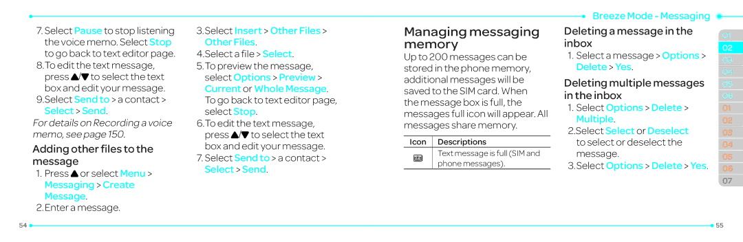 Pantech P2030 manual Managing messaging memory, Adding other files to the message, Deleting a message in the inbox 