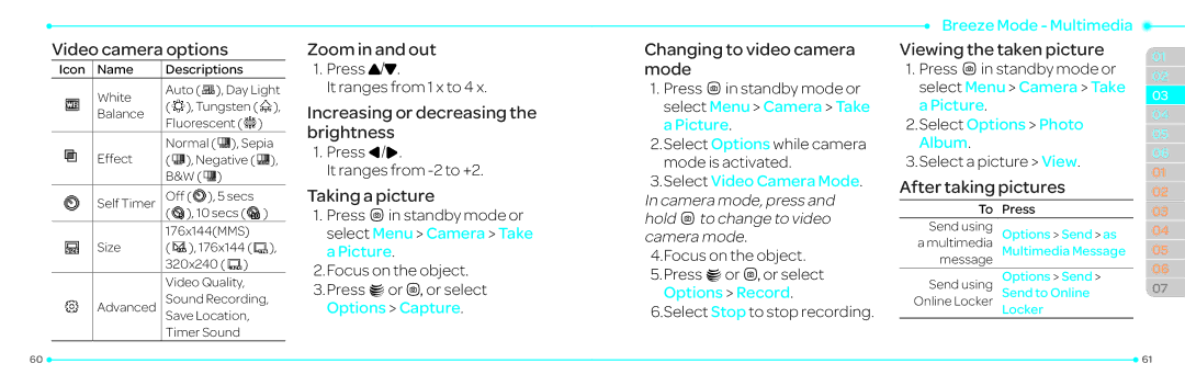 Pantech P2030 manual Video camera options, Zoom in and out, Increasing or decreasing the brightness, Taking a picture 