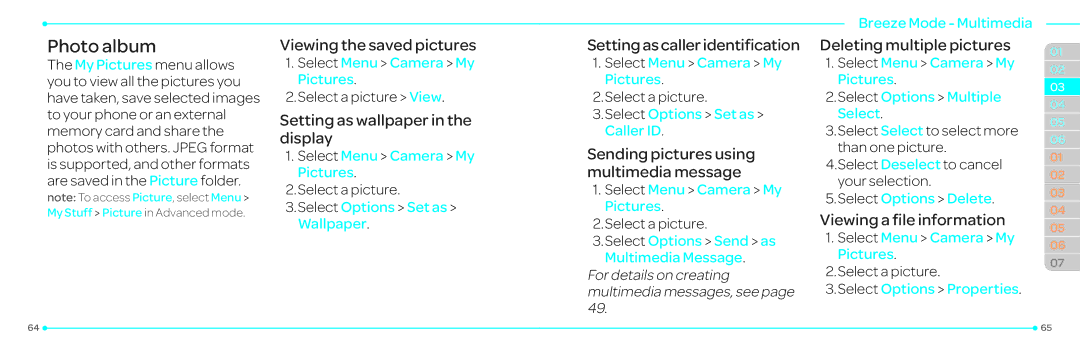 Pantech P2030 manual Photo album, Viewing the saved pictures, Settingascalleridentification Deleting multiple pictures 