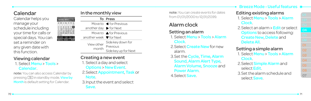 Pantech P2030 manual Calendar, Alarm clock 