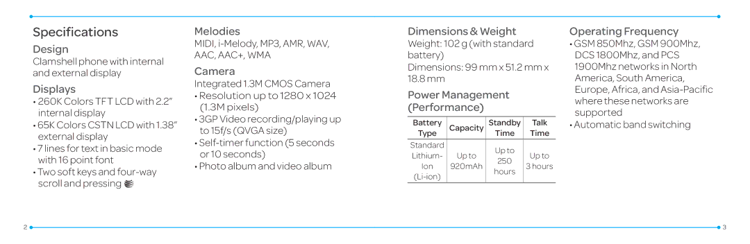 Pantech P2030 manual Specifications, Displays 