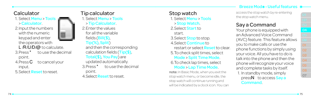 Pantech P2030 manual Calculator, Tip calculator, Stop watch, Say a Command 