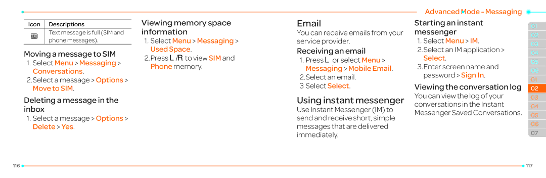 Pantech P2030 manual Using instant messenger, Moving a message to SIM, Viewing memory space information 