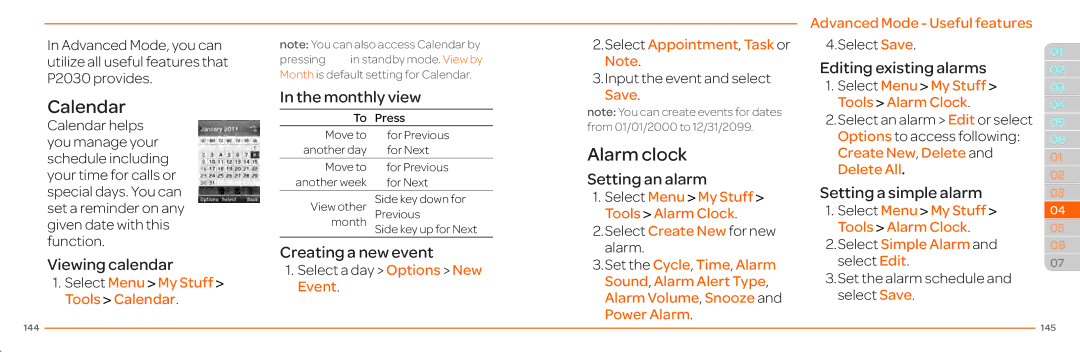 Pantech P2030 manual Select Menu My Stuff Tools Calendar, Select Appointment, Task or Note, Advanced Mode Useful features 