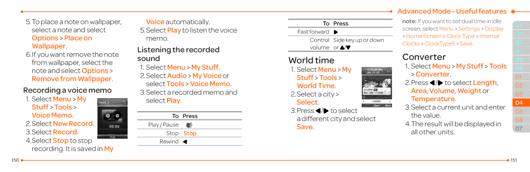 Pantech P2030 manual World time, Converter, Recording a voice memo, Listening the recorded sound 