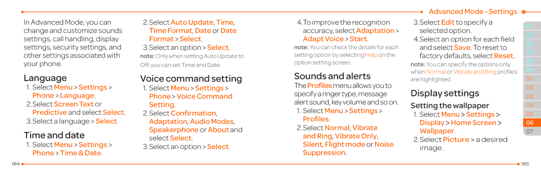 Pantech P2030 manual Language, Time and date, Sounds and alerts 