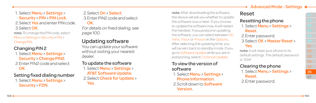 Pantech P2030 manual Updating software, Reset 