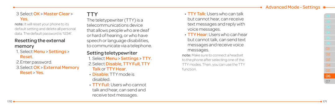 Pantech P2030 manual Resetting the external memory, Setting teletypewriter, Select OK Master Clear Yes 