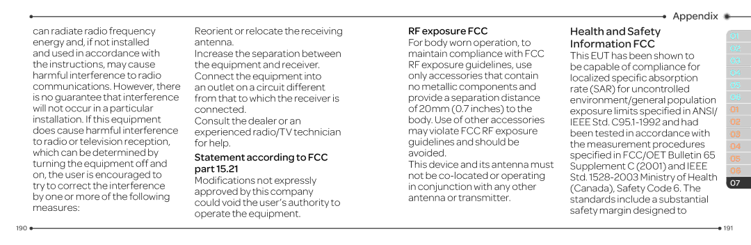 Pantech P2030 manual Health and Safety Information FCC 