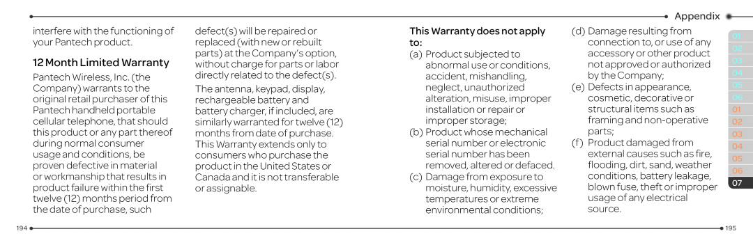 Pantech P2030 manual Month Limited Warranty, Appendix 