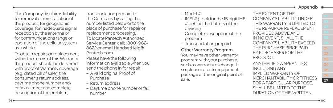 Pantech P2030 manual Other Warranty Program, A valid original Proof of Purchase Return address, Appendix 