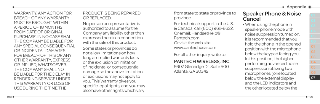 Pantech P2030 manual Speaker Phone & Noise Cancel, Pantech Wireless, Inc, Appendix 