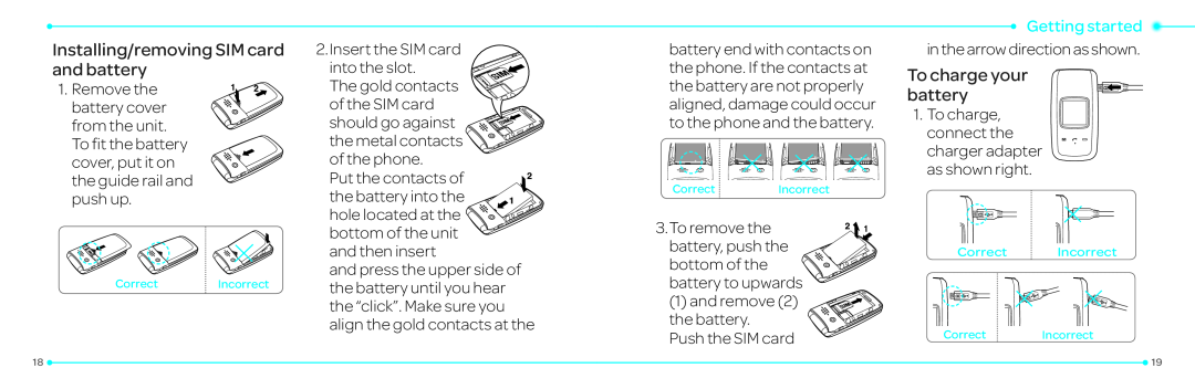 Pantech P2030 manual Installing/removing SIM card and battery, To charge your battery, Getting started 