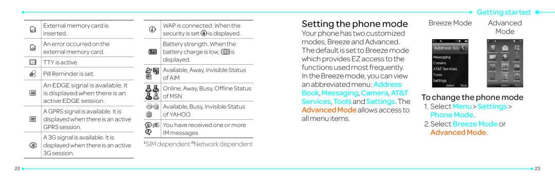 Pantech P2030 manual Setting the phone mode, To change the phone mode, Select Menu Settings Phone Mode, Getting started 