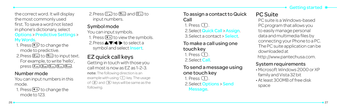Pantech P2030 EZ quick call keys, PC Suite, Number mode, Symbol mode, To assign a contact to Quick Call, Getting started 