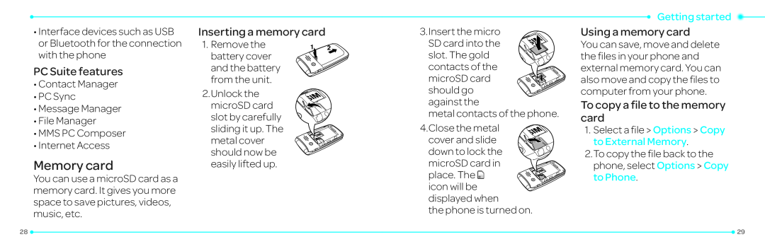 Pantech P2030 manual Memory card, PC Suite features, Inserting a memory card, Using a memory card, Getting started 