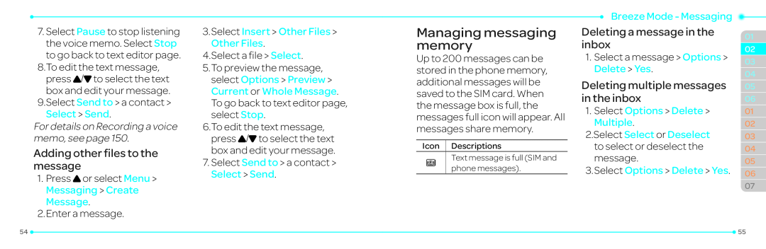 Pantech P2030 manual Managing messaging memory, Adding other files to the message, Deleting a message in the inbox, Message 