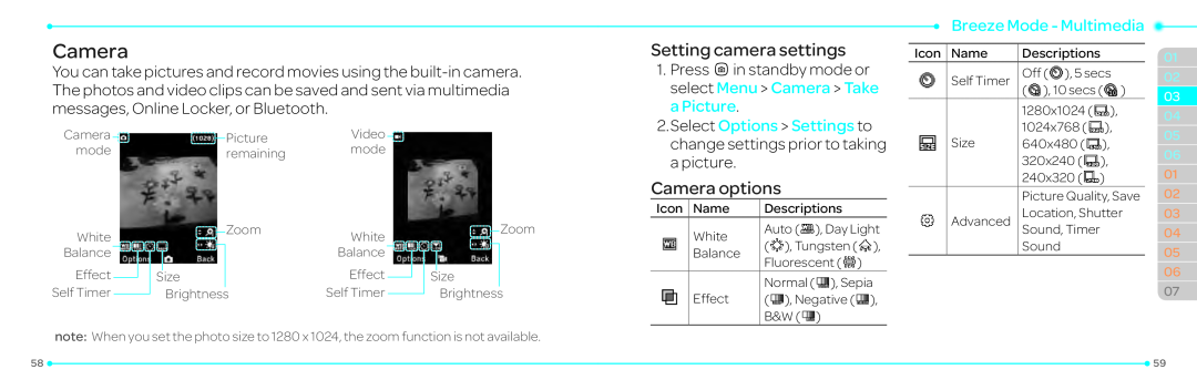 Pantech P2030 manual Setting camera settings, Camera options, Select Options Settings to, Breeze Mode - Multimedia 