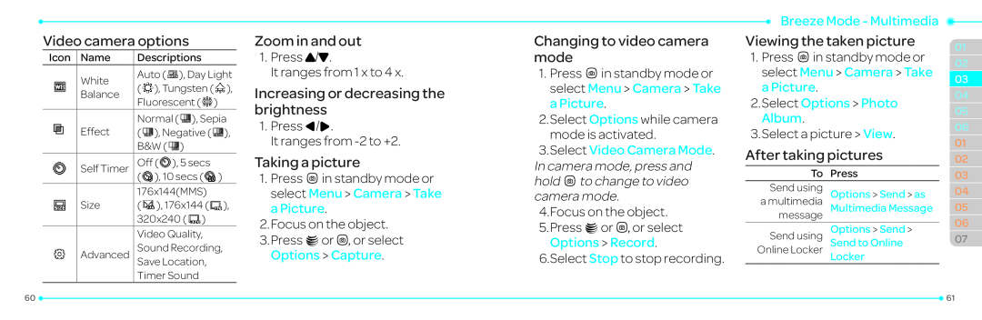 Pantech P2030 manual Video camera options, Zoom in and out, Increasing or decreasing the brightness, Taking a picture 