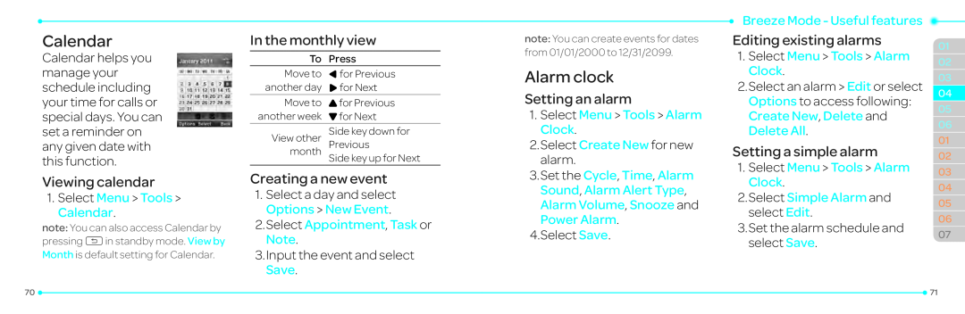 Pantech P2030 manual Calendar, Alarm clock, Viewing calendar, In the monthly view, Creating a new event, Setting an alarm 