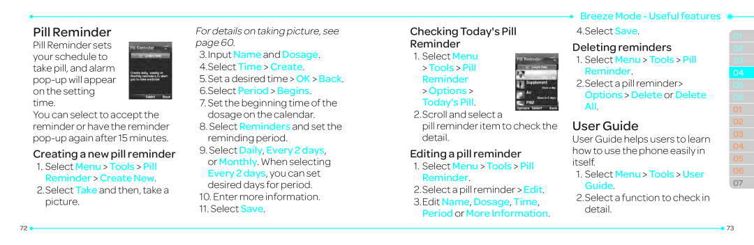 Pantech P2030 manual User Guide, Creating a new pill reminder, Checking Todays Pill Reminder, Editing a pill reminder 