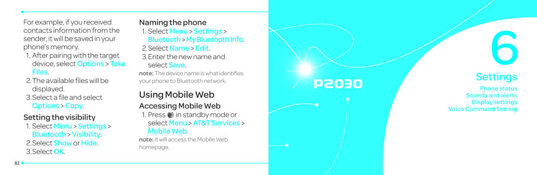 Pantech P2030 manual Settings, Using Mobile Web, Setting the visibility, Naming the phone, Accessing Mobile Web 