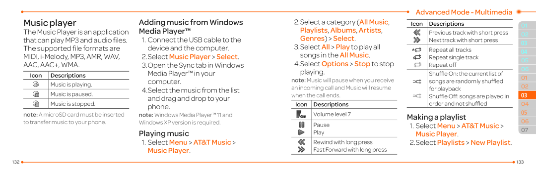 Pantech P2030 manual Music player, Adding music from Windows Media Player, Playing music, Making a playlist 
