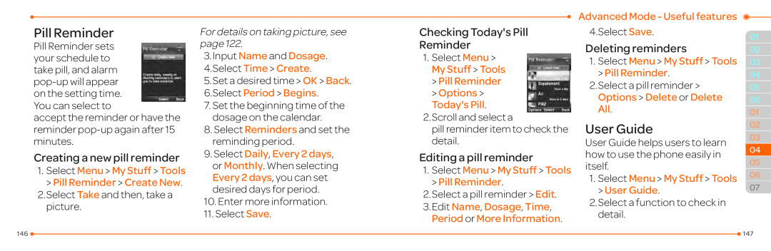 Pantech P2030 manual Select Period Begins, Pill Reminder Options Todays Pill, Select Menu My Stuff Tools Pill Reminder 