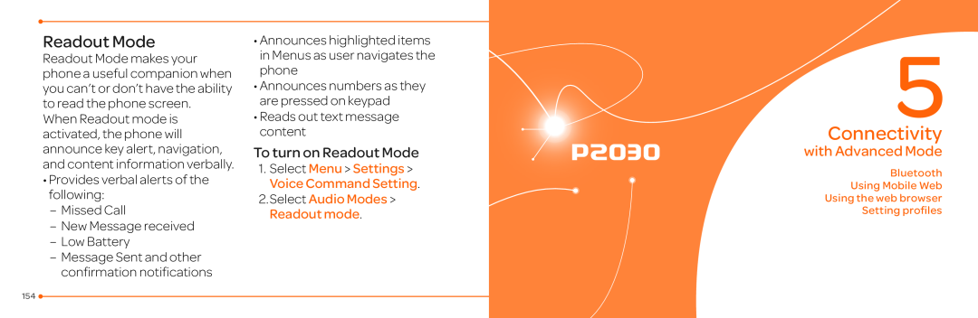 Pantech P2030 Connectivity, Select Menu Settings Voice Command Setting, Select Audio Modes Readout mode, Readout Mode 