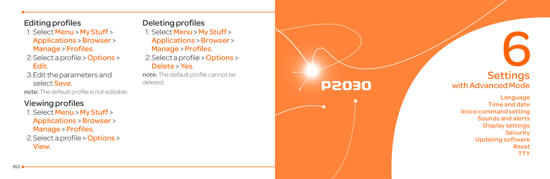 Pantech P2030 manual Settings, Editing profiles, Viewing profiles, Deleting profiles, with Advanced Mode 