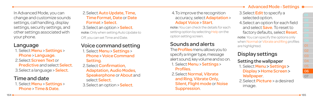 Pantech P2030 Time and date, Sounds and alerts, Select Menu Settings Phone Language, Select Menu Settings Profiles 
